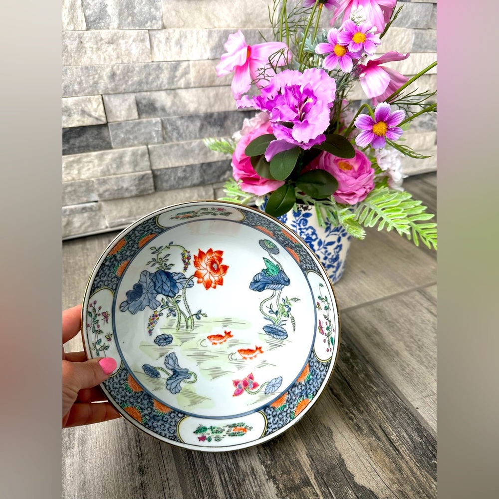 1960s Vintage Chinoiserie Hand Painted Lotus Bowl with Koi Fish Decorative Bowl